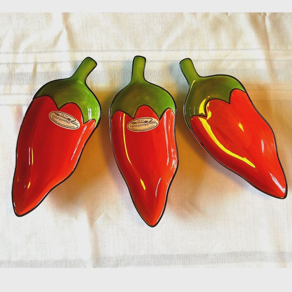 Clay Art 1999 Chili Fiesta Red and Green Handpainted Ceramic Tray Set